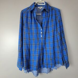 UMGEE Women's Sz S Blue Plaid Frayed Hem Button V-Neck Rayon Tunic Top Shirt